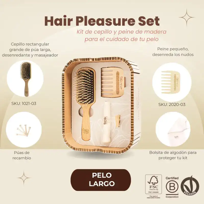 Kit cepillo y peine de madera para pelo largo | Tek