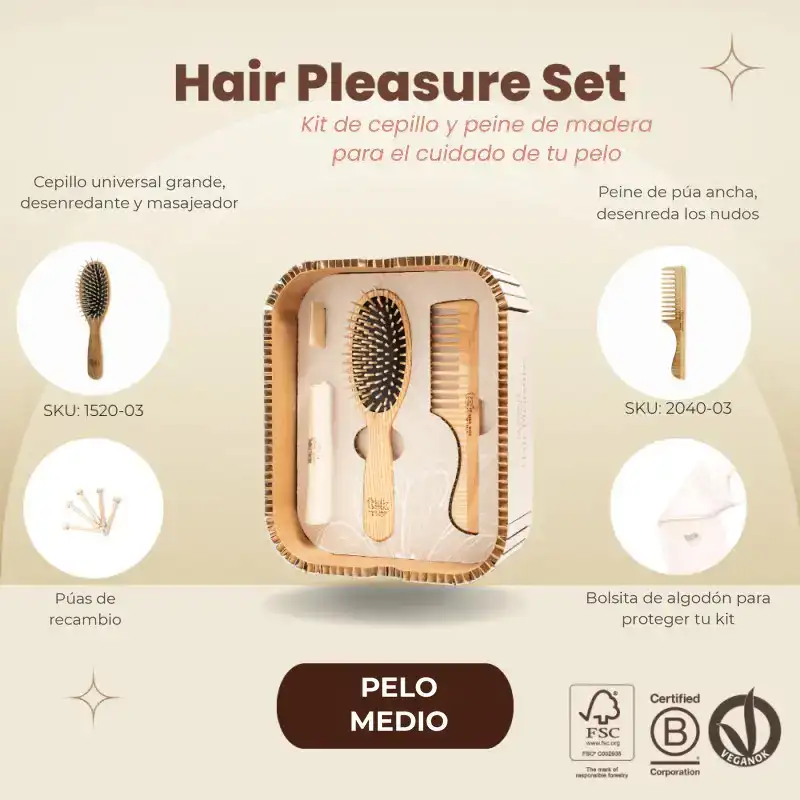 Kit cepillo y peine de madera para media melena | Tek